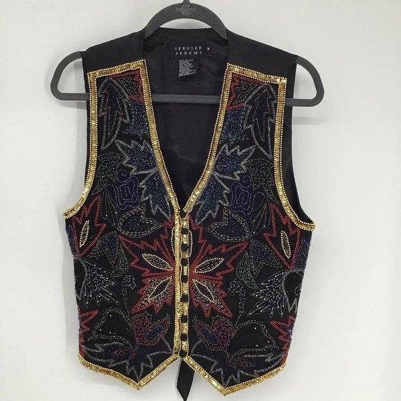 Spenser Jeremy Vintage 90’s Floral Beaded Sequin Embellished Silk Vest Size M - Picture 1 of 6